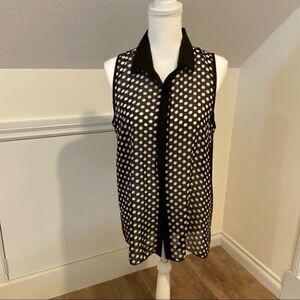 Double Zero Sheer  Blouse Sleeveless Button Front Black White Polka Dot Size L